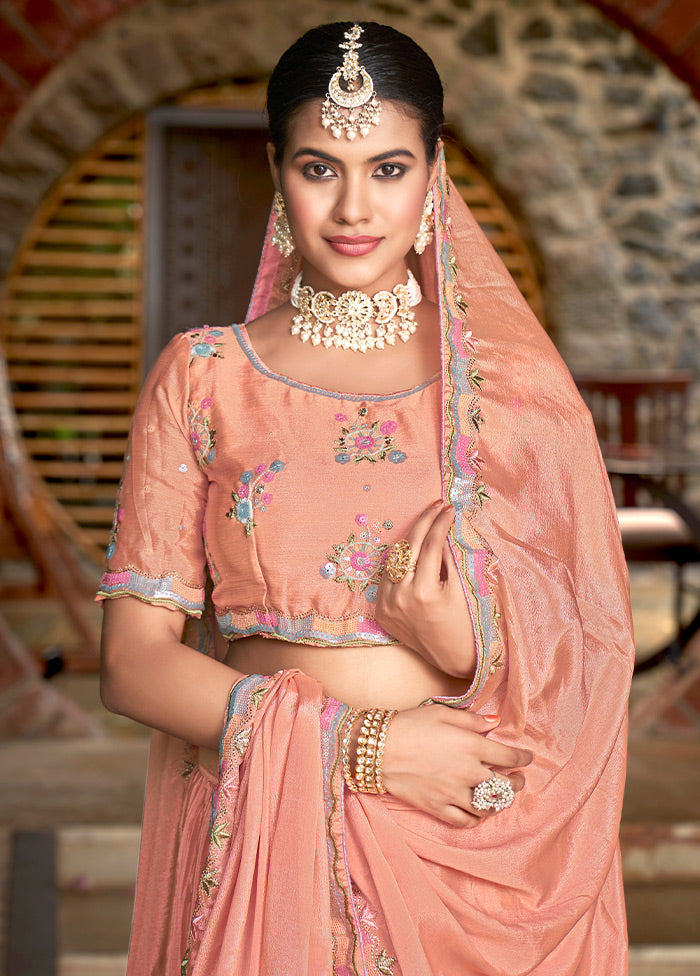 3 Pc Peach Silk Semi Stitched Lehenga Set