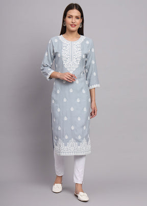 Grey Readymade Rayon Chikankari Kurti