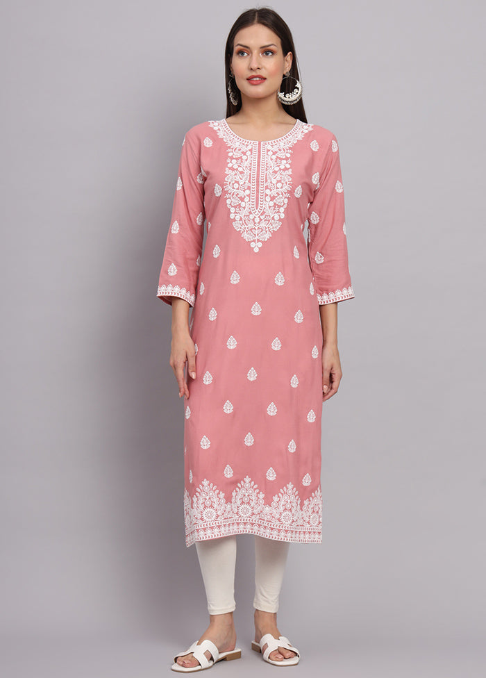 Pink Readymade Rayon Chikankari Kurti