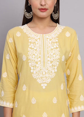 Yellow Readymade Rayon Chikankari Kurti