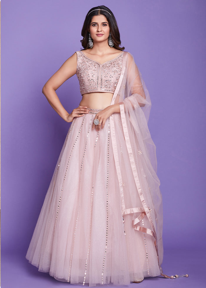 3 Pc Peach Silk Semi Stitched Lehenga Set