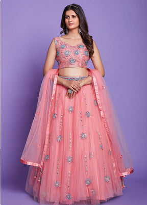 3 Pc Pink Silk Semi Stitched Lehenga Set