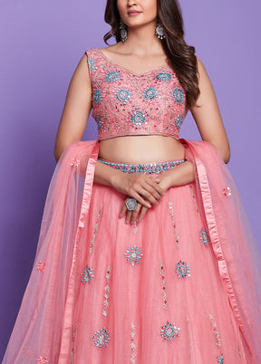 3 Pc Pink Silk Semi Stitched Lehenga Set