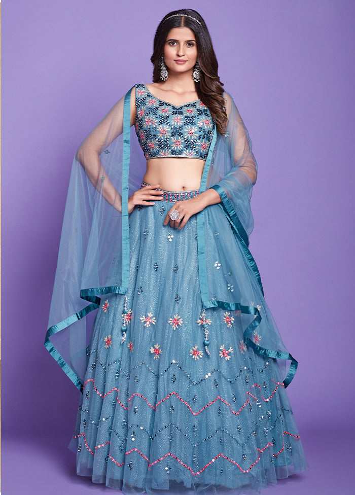 3 Pc Aqua Silk Semi Stitched Lehenga Set