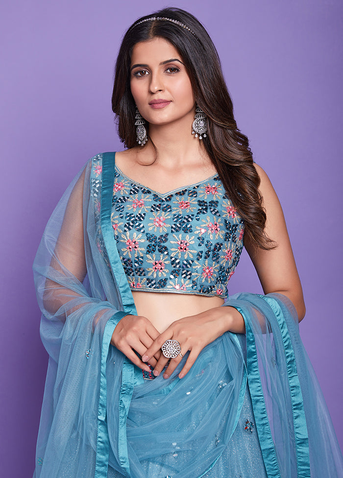 3 Pc Aqua Silk Semi Stitched Lehenga Set