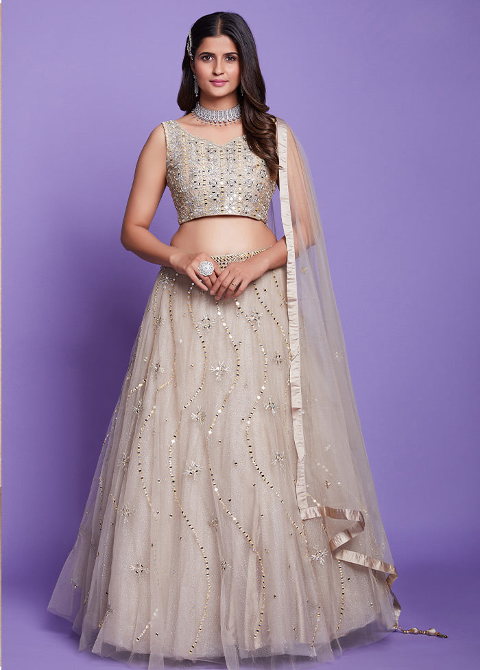 3 Pc Beige Silk Semi Stitched Lehenga Set