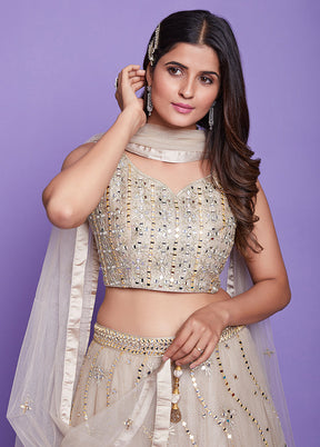 3 Pc Beige Silk Semi Stitched Lehenga Set