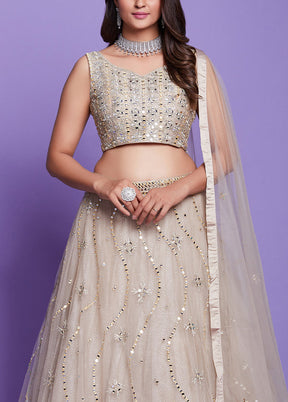 3 Pc Beige Silk Semi Stitched Lehenga Set