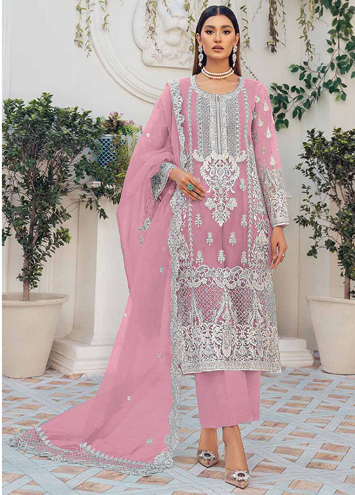 3 Pc Pink Unstitched Net Suit Set