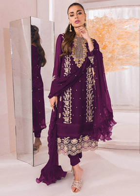 3 Pc Purple Unstitched Georgette Suit Set