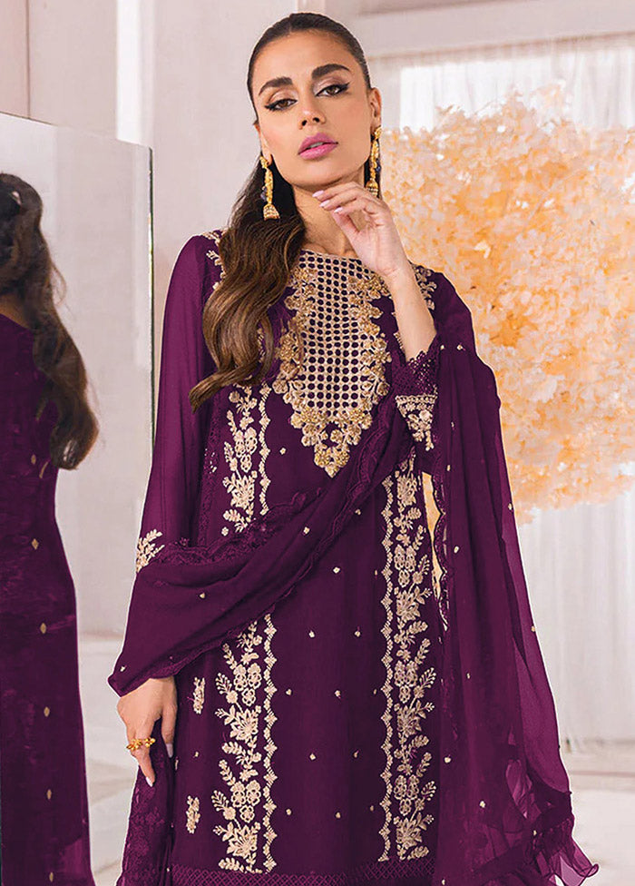 3 Pc Purple Unstitched Georgette Suit Set