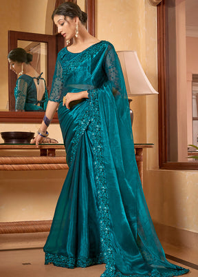 Teal Chiffon Silk Saree With Blouse Piece