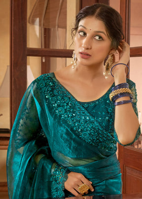 Teal Chiffon Silk Saree With Blouse Piece