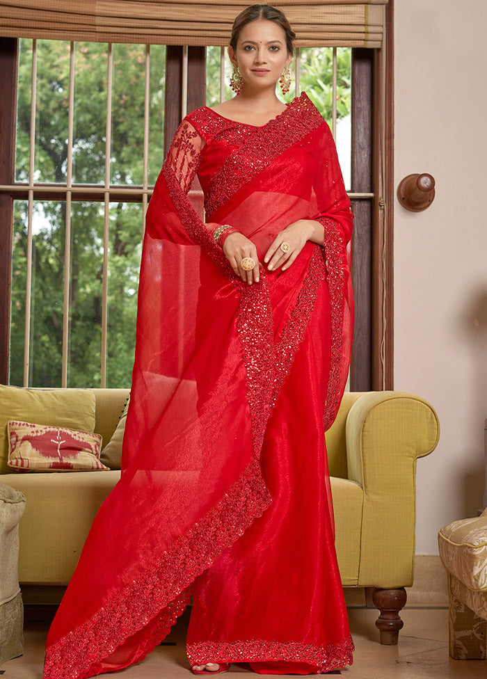 Red Chiffon Silk Saree With Blouse Piece