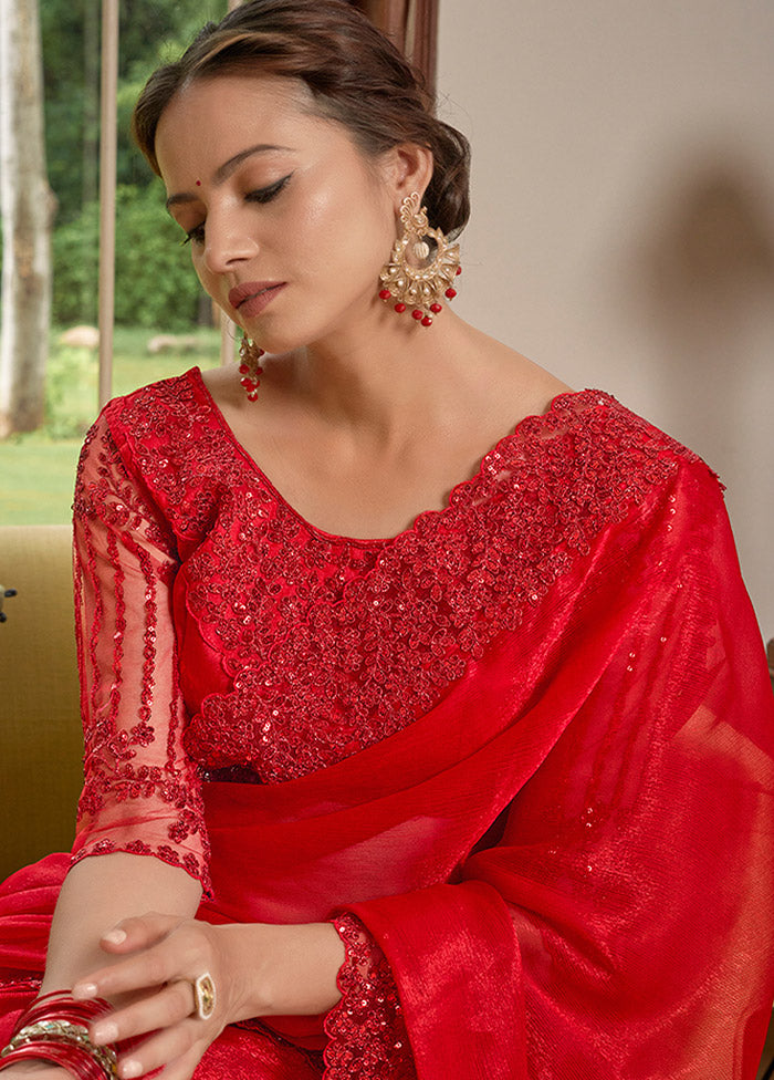 Red Chiffon Silk Saree With Blouse Piece