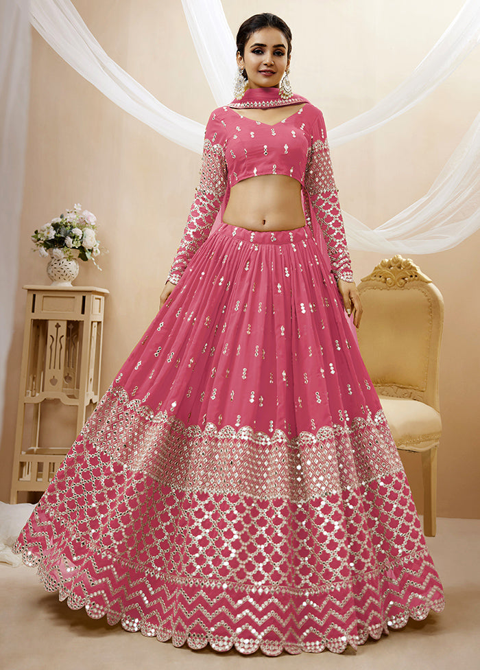 3 Pc Pink Georgette Semi Stitched Lehenga Set