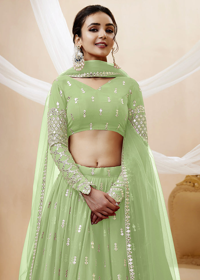 3 Pc Pista Green Georgette Semi Stitched Lehenga Set