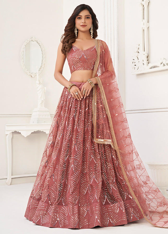 3 Pc Pink Net Semi Stitched Lehenga Set