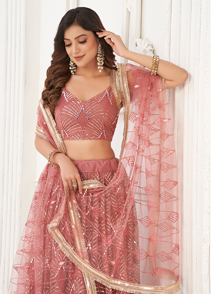 3 Pc Pink Net Semi Stitched Lehenga Set