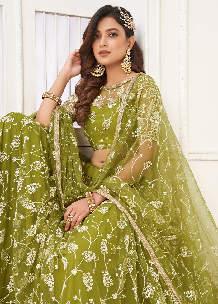 3 Pc Olive Green Net Semi Stitched Lehenga Set