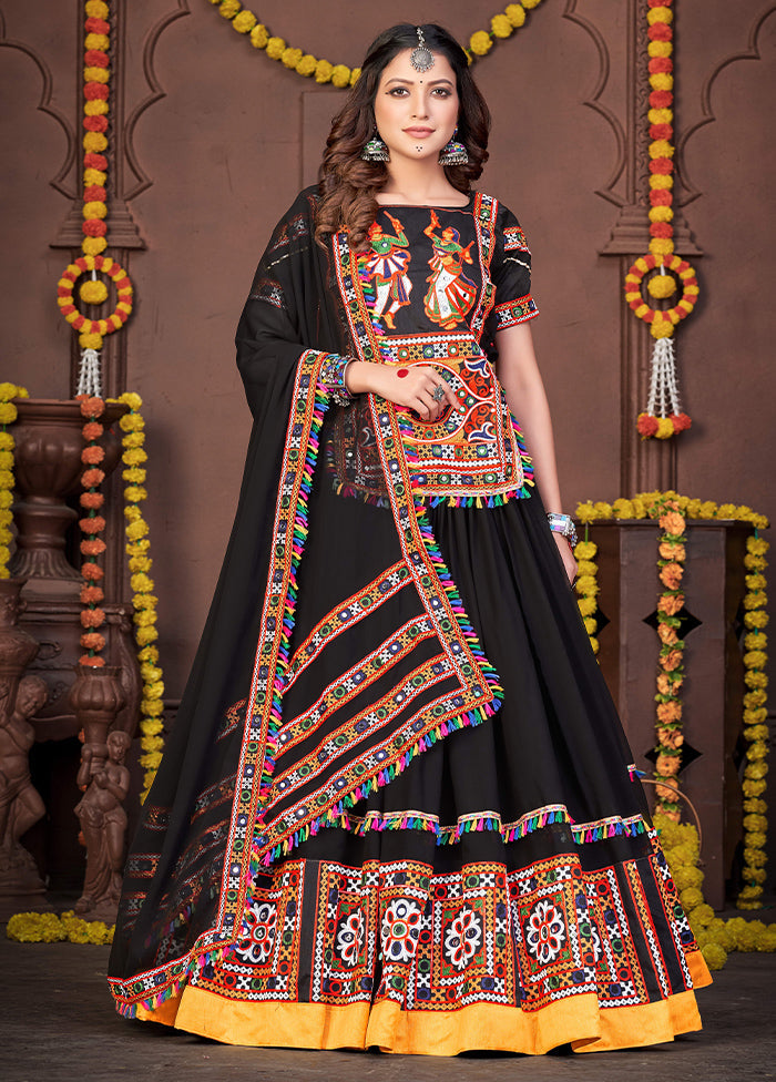 3 Pc Black Rayon Semi Stitched Lehenga Set