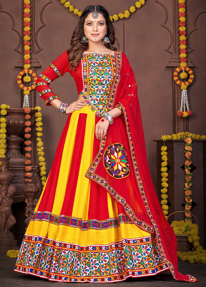 3 Pc Yellow Rayon Semi Stitched Lehenga Set