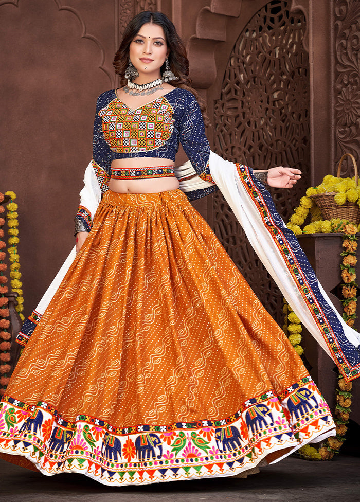 3 Pc Mustard Cotton Semi Stitched Lehenga Set