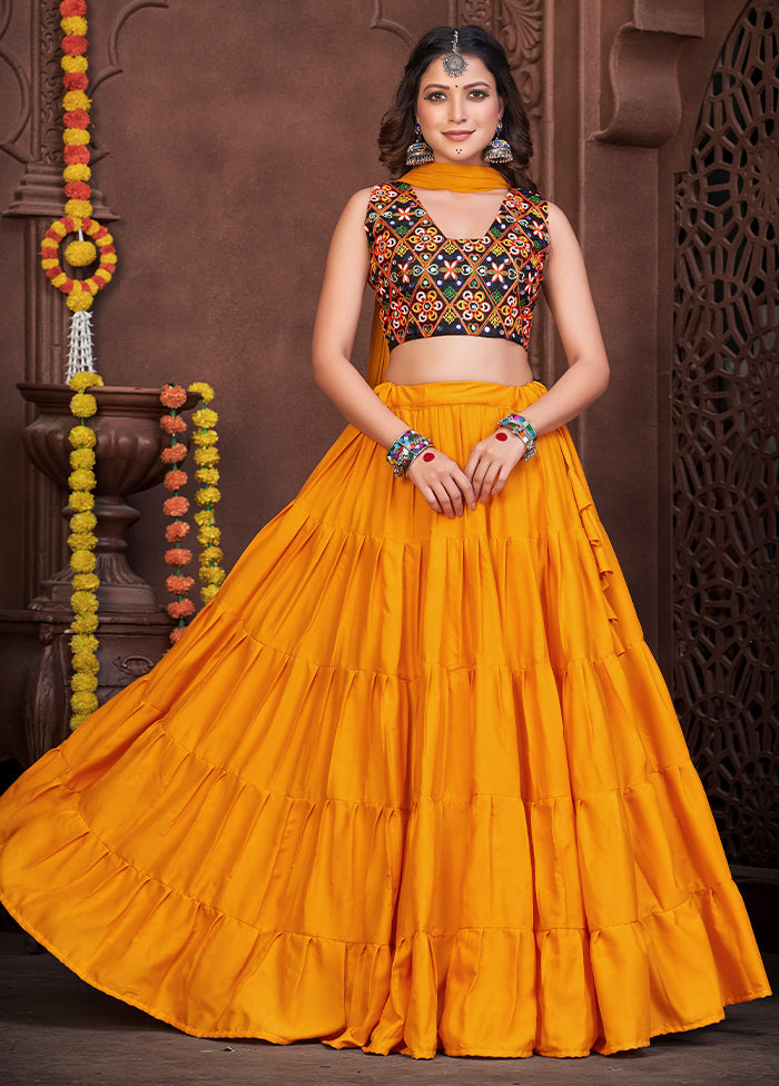 3 Pc Mustard Silk Semi Stitched Lehenga Set