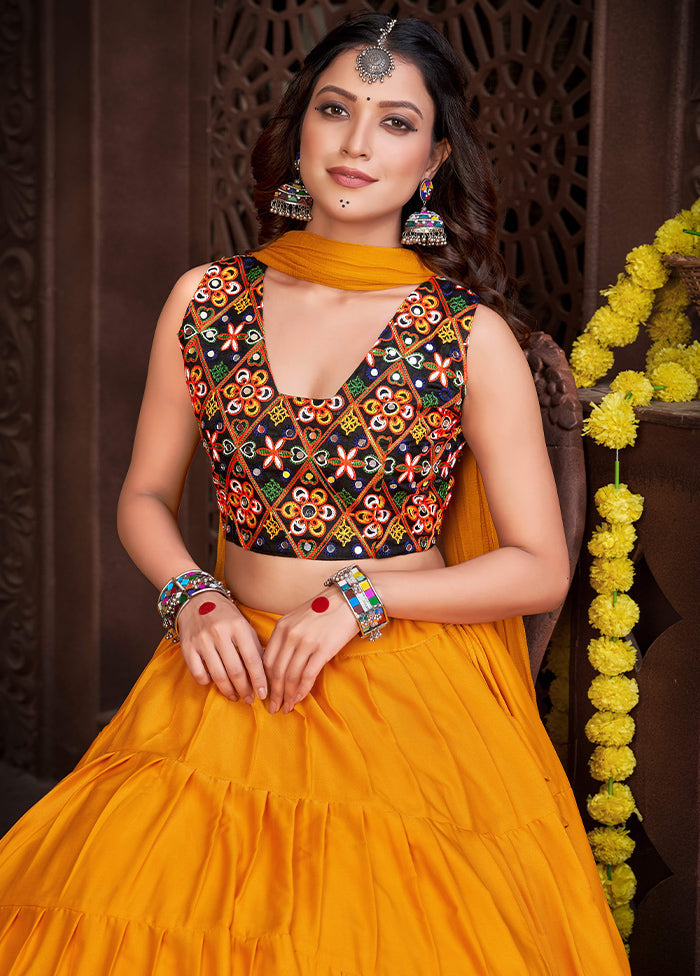 3 Pc Mustard Silk Semi Stitched Lehenga Set