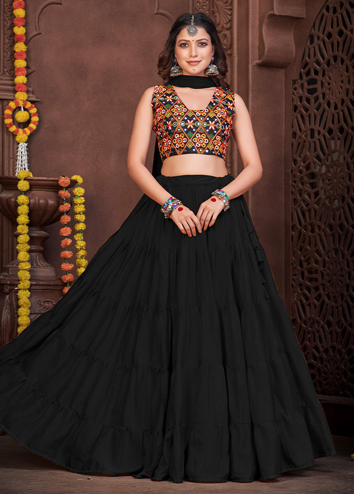 3 Pc Black Silk Semi Stitched Lehenga Set