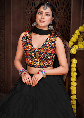 3 Pc Black Silk Semi Stitched Lehenga Set