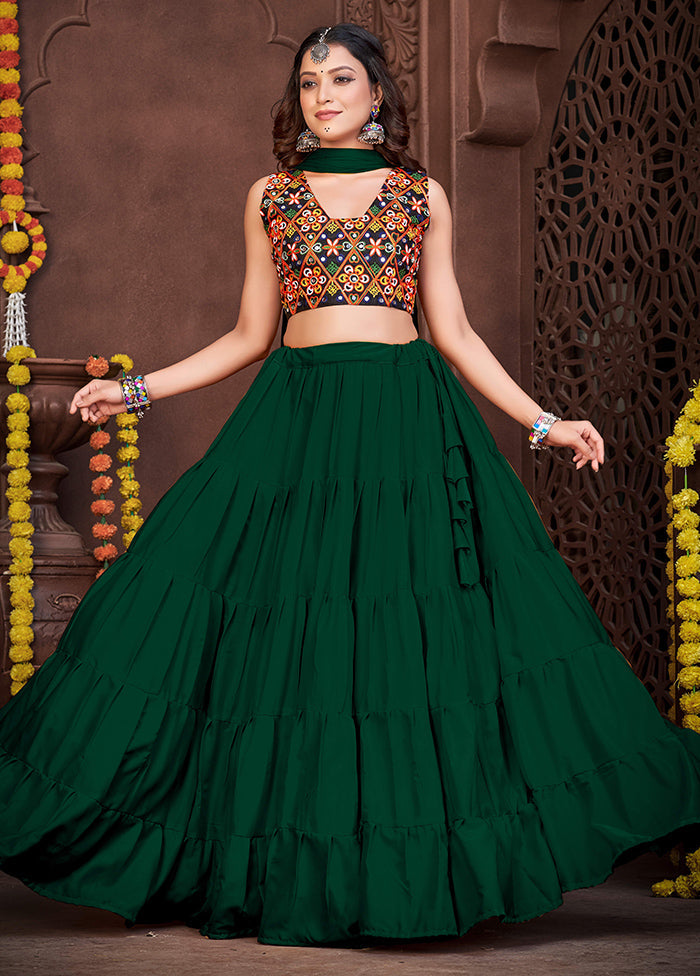 3 Pc Green Silk Semi Stitched Lehenga Set