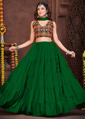 3 Pc Green Silk Semi Stitched Lehenga Set