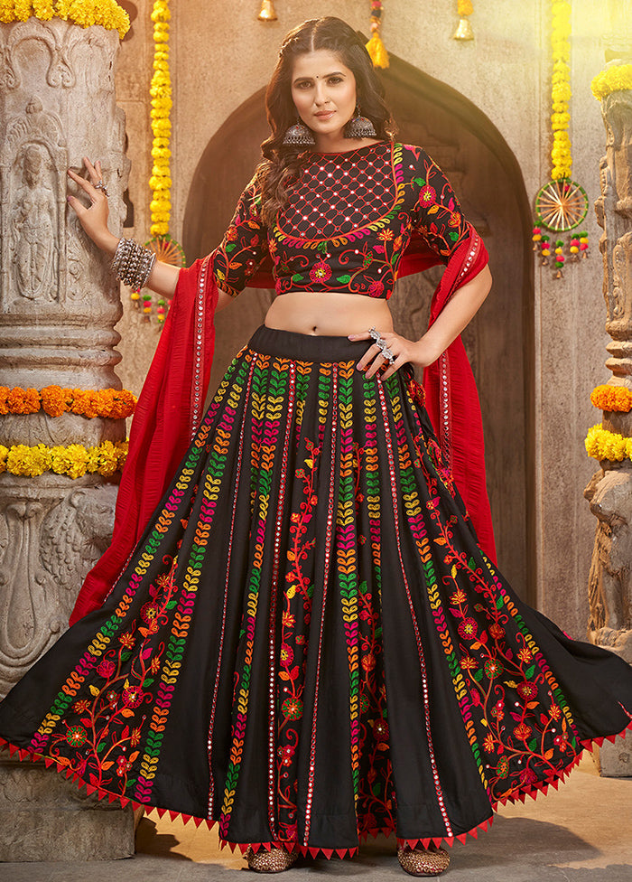 3 Pc Black Viscose Semi Stitched Lehenga Set