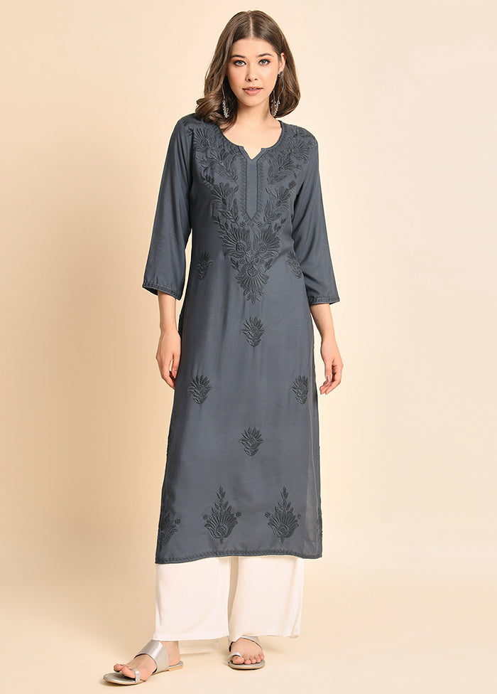 Grey Readymade Rayon Chikankari Kurti