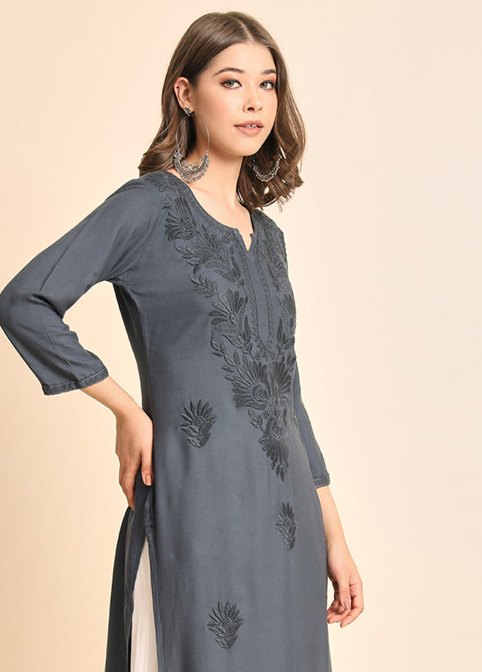 Grey Readymade Rayon Chikankari Kurti