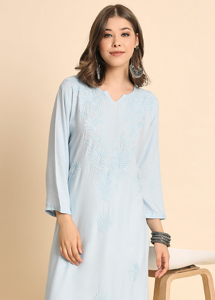 Sky Blue Readymade Rayon Chikankari Kurti