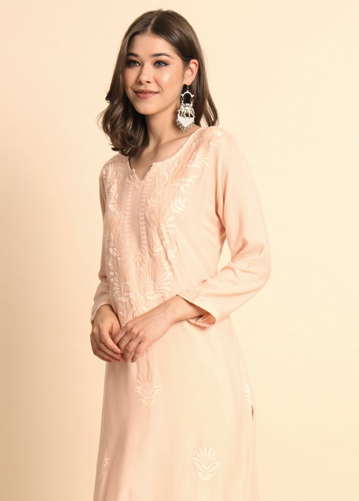 Peach Readymade Rayon Chikankari Kurti