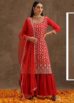 3 Pc Red Unstitched Georgette Suit Set