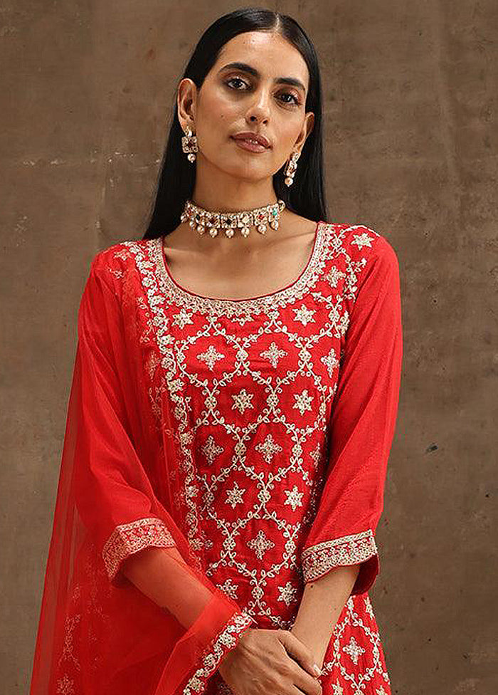 3 Pc Red Unstitched Georgette Suit Set