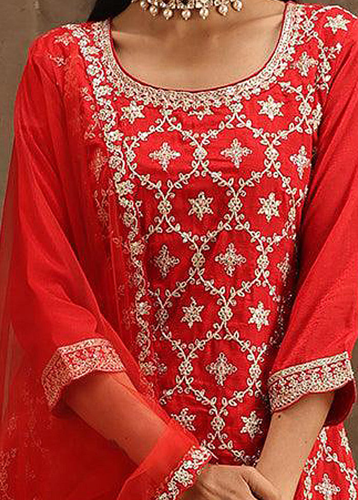 3 Pc Red Unstitched Georgette Suit Set