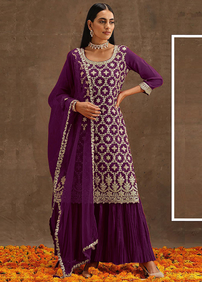 3 Pc Purple Unstitched Georgette Suit Set