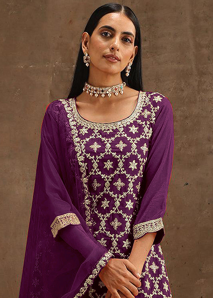 3 Pc Purple Unstitched Georgette Suit Set