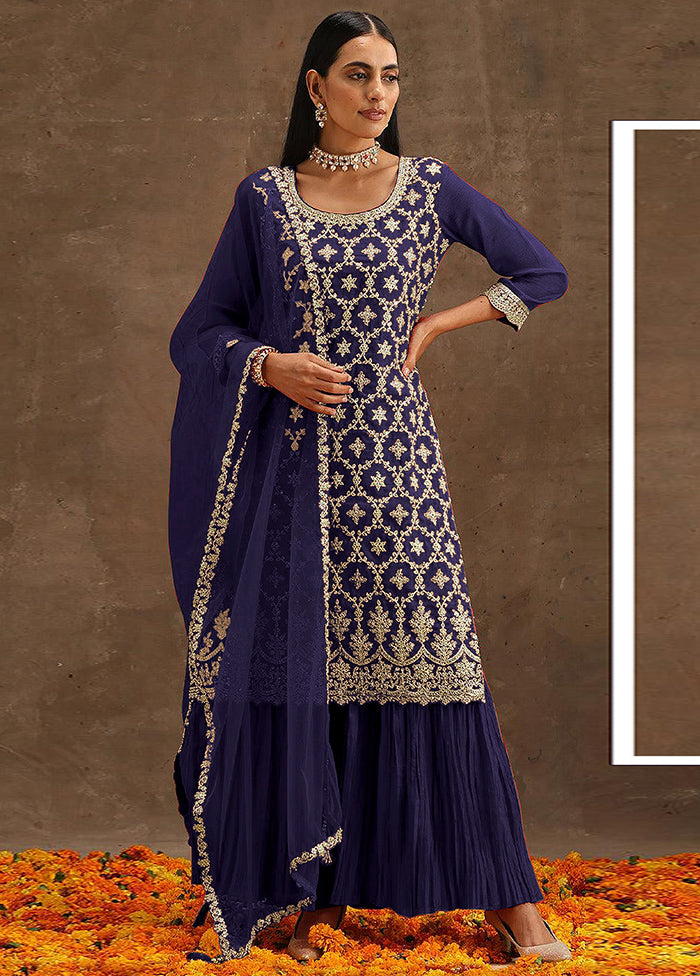 3 Pc Blue Unstitched Georgette Suit Set