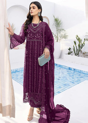 3 Pc Purple Unstitched Net Suit Set