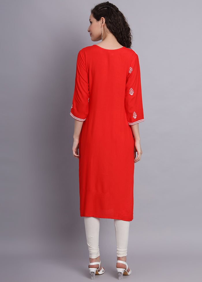 Orange Readymade Rayon Chikankari Kurti