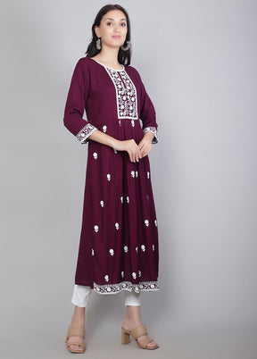 Wine Readymade Rayon Chikankari Kurti