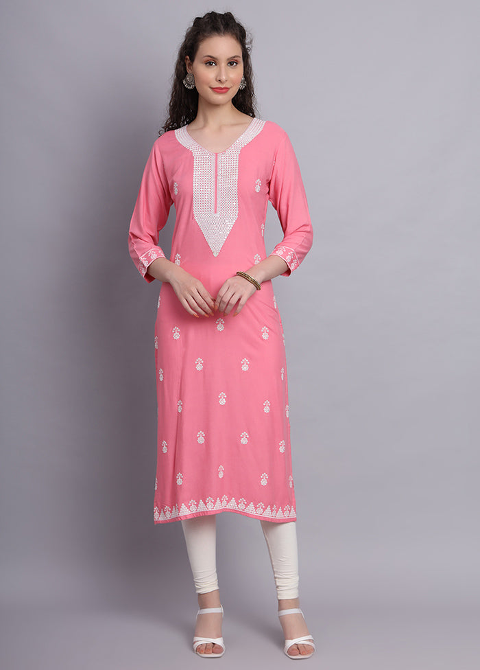 Pink Readymade Rayon Chikankari Kurti