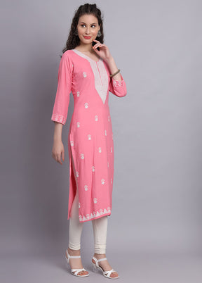 Pink Readymade Rayon Chikankari Kurti