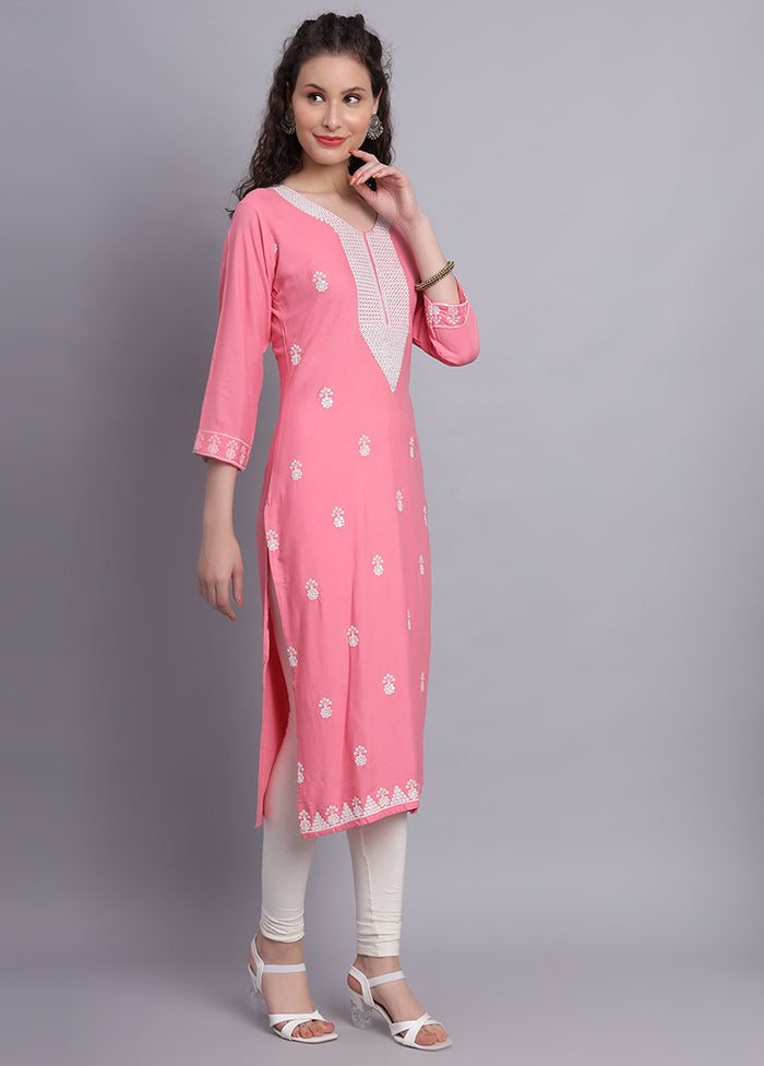 Pink Readymade Rayon Chikankari Kurti